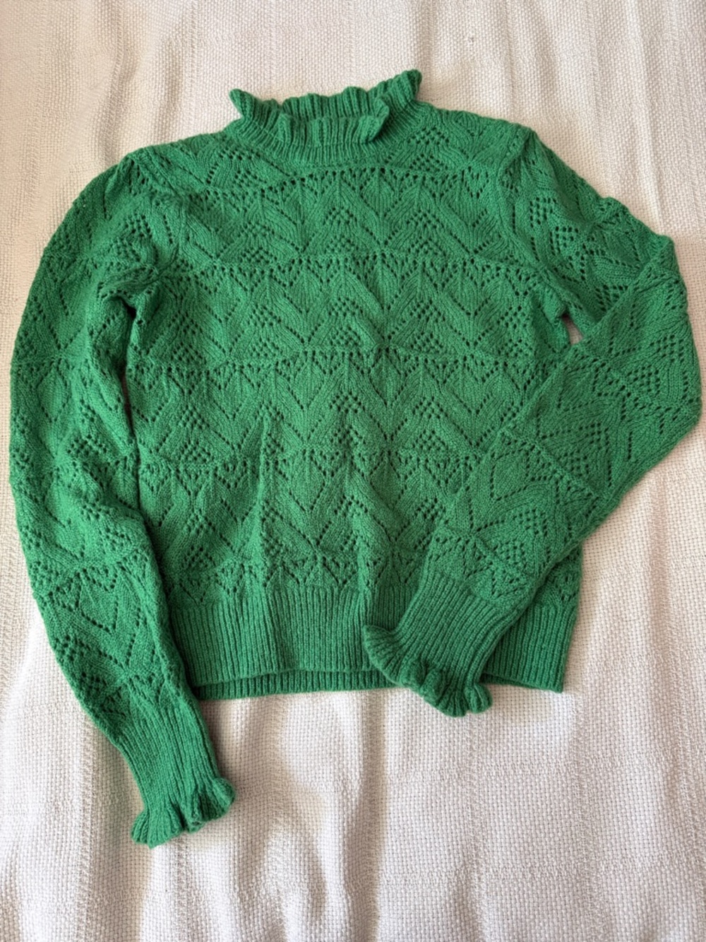 Sundance Green Ruffle Mock Neck Openwork Sweater